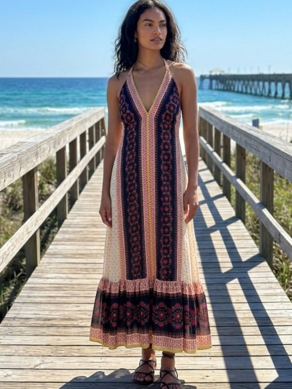 Free People Cubana Border Print Chiffon Halter Maxi Dress - Ivory Combo Size Med